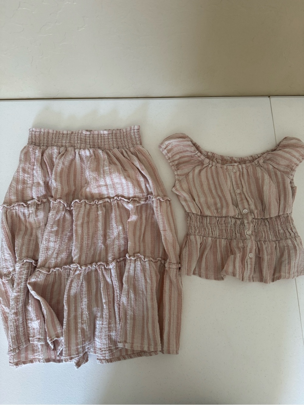 Cat & Jack Pink Striped Tiered Skirt and Smocked Top Set top is 8 bottoms 10-12!
